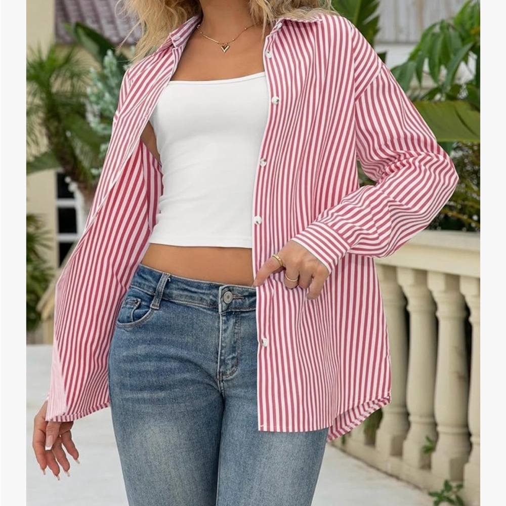 NWT women OMSJ purple & White Striped Women's  Button-Down Shirt blouse top